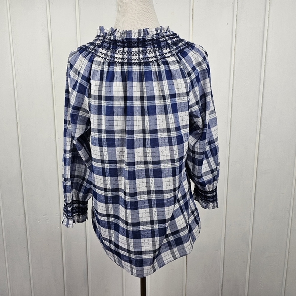 Talbots Boho Blue Blossom Plaid Smocked Blouse Women's Medium - Picture 4 of 7